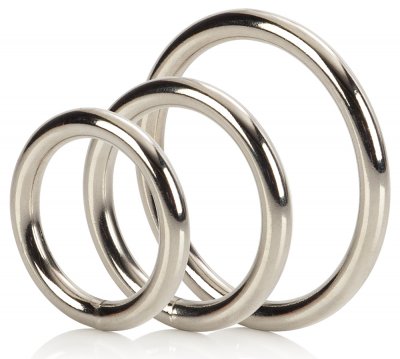 CalExotics Silver Ring Set tre pack penis kuk snopp testikel pung pubis ring i rostfri stål metall