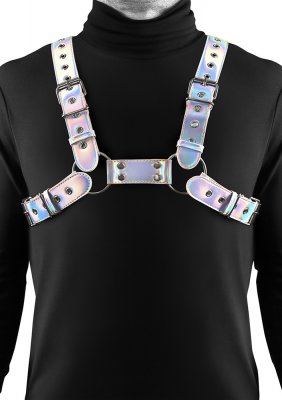 NS Novelties Cosmo Rogue snygg sexig skimrande glänsande regnbågsfärgad justerbar bröst byst sele harness för gay killar män